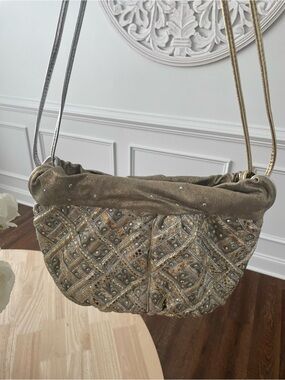 Gold Embellished Shoulder Bag with Metallic Strap